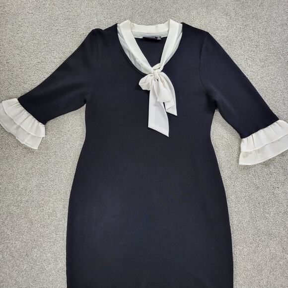 Nina Leonard Georgette Dress Womens XL Black Knit Tie Neck Tiered Flounce Sleeve - Picture 6 of 16